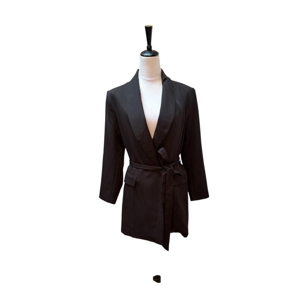 SHE+SKY Black Coat Medium Belted Long Sleeve Career Casual Party